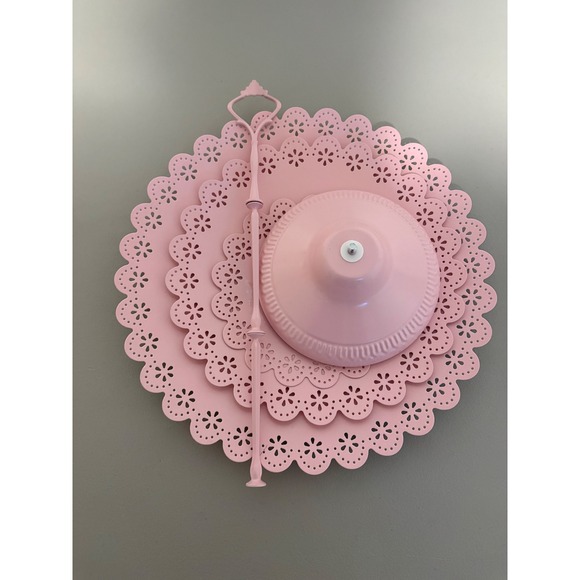 Pink 3 Tier Metal Cupcake Stand Eyelet Lace Scalloped Edge Dessert Tower 16in - Picture 9 of 9